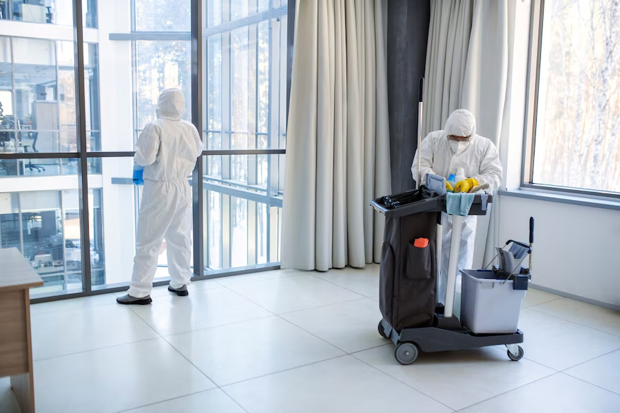 people in hazmat suit cleaning